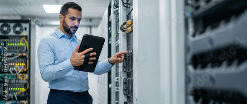 IT Technician Managing Edge Computing Facility Operations with Tablet, Professional System Administrator Checking Server Racks in Data Center