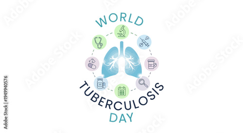 Illustration of World Tuberculosis Day design with a stylized lung graphic and icons, symbolizing global TB awareness and healthcare efforts against infectious diseases.