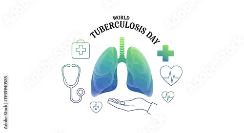 Illustration of World Tuberculosis Day design with lungs, stethoscope, and medical icons on a white background, promoting TB awareness and healthcare concept.