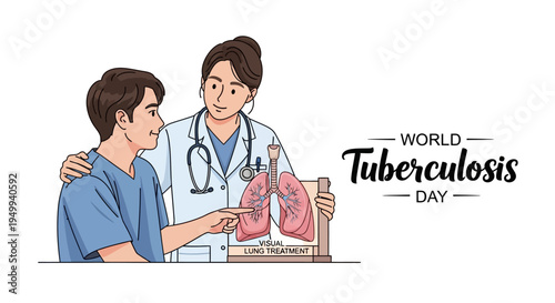 Illustration of a doctor and patient discussing lung health for World Tuberculosis Day awareness campaign with a stethoscope and lung model.