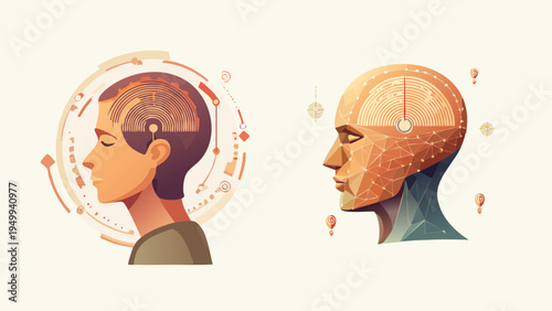 Conceptual artwork illustrating human mind and artificial intelligence, showcasing neural networks, data processing, and future technology evolution in a digital ecosystem