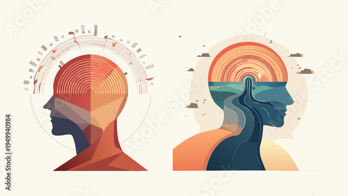 Visualizing human cognition through abstract art, depicting the mind's data processing capabilities and the introspective journey of thought and imagination within two distinct profiles