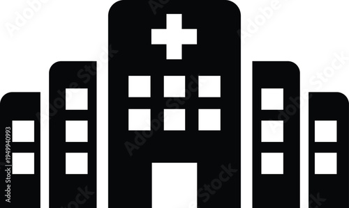 Black and white of a hospital building with a cross symbol medical healthcare