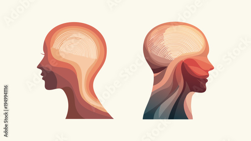 Abstract illustration of two profiles facing each other, representing connection, communication, and shared ideas