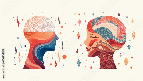 Abstract human profiles adorned with vibrant, swirling patterns, symbolizing deep connection, communication, and the rich inner world of thoughts and emotions