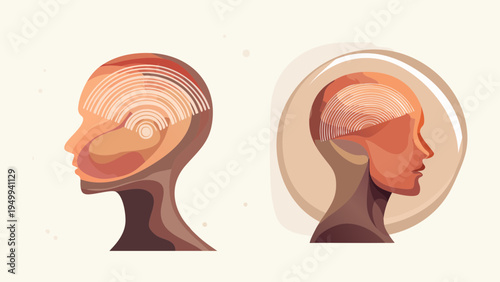 Abstract vector art exploring human cognition a stylized profile with radiating thought waves versus a mind in contemplation, illustrating openness and introspection and different mental states