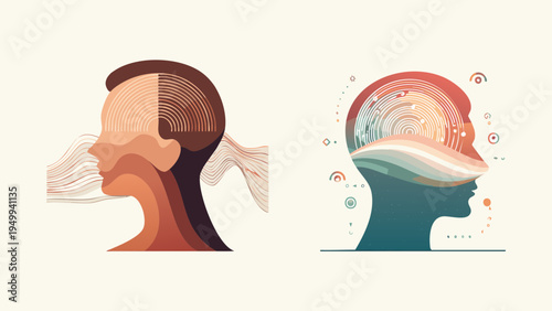 Conceptual illustrations visualizing the abstract landscapes of human consciousness, portraying the intricate depths of thought, memory, and the dynamic flow of creative mental processes