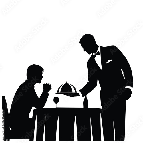 Waiter serving food to customer in restaurant silhouette