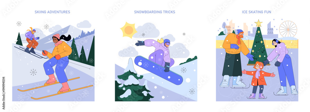Fototapeta premium Winter Sports Fun Illustration: Skiing, Snowboarding, Skating