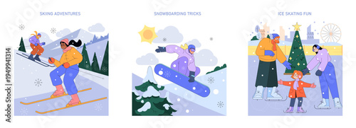 Winter Sports Fun Illustration: Skiing, Snowboarding, Skating