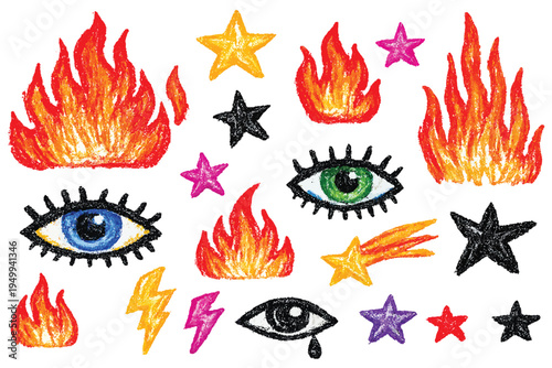  Colorful Crayon Drawn Punk Tattoo Stickers Set with Flames, Lightning Bolts and Eye Doodles on White Background
