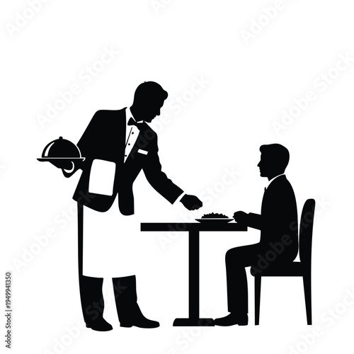 Waiter serving meal to person at table silhouette