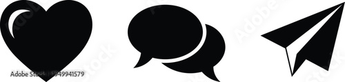 Black heart speech bubbles and paper airplane on white background simple symbol digital communication
