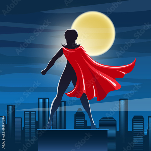 Girl superhero on roof of skyscraper