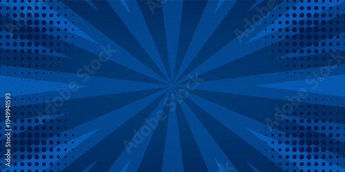 Dark blue comic-style background with radial burst lines and halftone patterns. Bold and energetic design ideal for superhero themes, gaming visuals, and action-packed content.