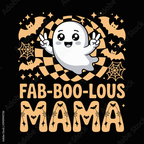 host is centered among bats and spider webs, creating a playful and spooky vibe. The phrase 'Fab-BOO-lous Mama' adds a humorous touch.