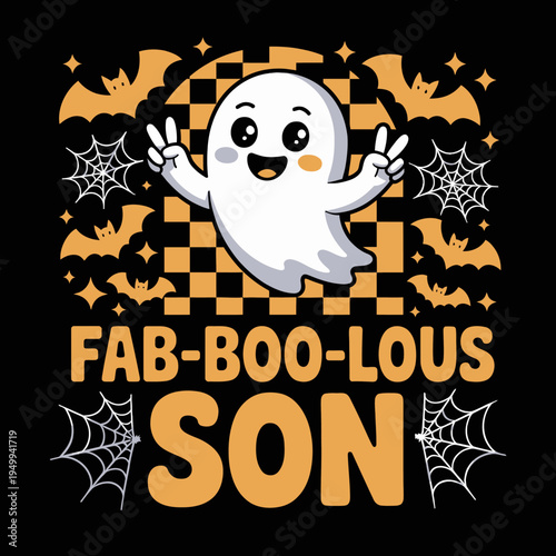 A cute ghost with a smiling face is illustrated on a checkered background.