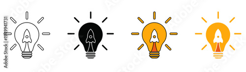 startup innovation bulb icons. rocket launch inside lightbulb icon set for startup growth and creative business ideas