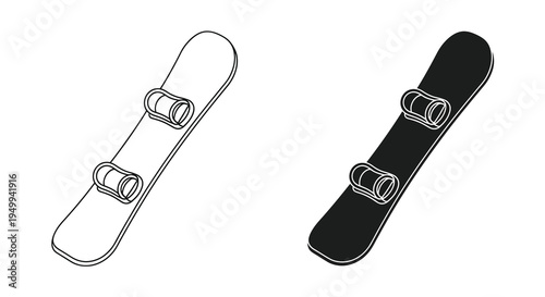A minimalist illustration depicts a snowboard in two variations one as a line drawing and another as a solid black shape