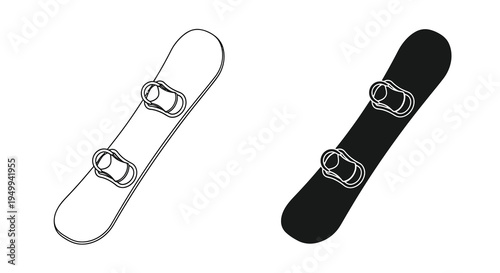A line art illustration depicts two snowboarding boards with bindings one in outline and one in solid black