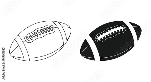 A black and white illustration depicts two american footballs one with a white fill and the other dark showcasing opposing views