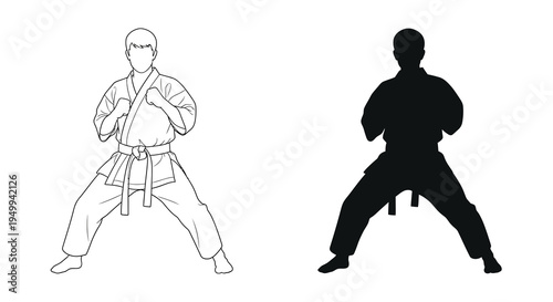 A striking illustration depicts two martial artists in dynamic karate poses showcasing form and technique in black and white