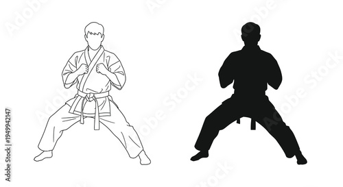 A black and white illustration depicts two figures in karate stances one detailed and one silhouetted conveying martial arts practice
