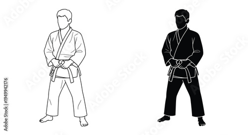 Two black and white illustrations depict judoka in fighting stances showcasing traditional martial arts uniforms and dynamic postures high quality professional