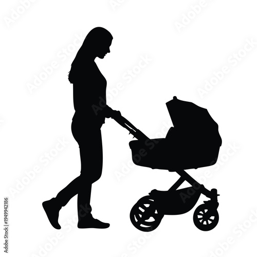 Woman pushing stroller silhouette walking in park with baby carriage outdoors
