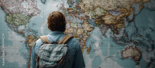 Young man with a backpack standing in front of a world map mural, looking at the globe. Traveling the world, exploring countries. Tourism, geography, global perspective, world studies.