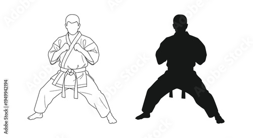 A striking black and white illustration depicts two karate practitioners in dynamic stances showcasing the art s discipline high quality professional detailed