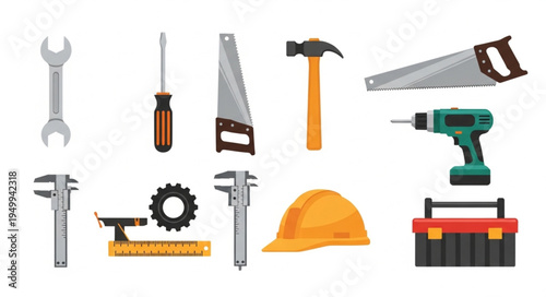 Construction Tools Collection - Wrench, Screwdriver, Saw, Hammer, Drill, and More.