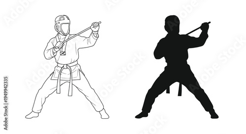 A detailed line drawing depicts two kendo practitioners engaged in simulated combat with bamboo swords showcasing their focused stances