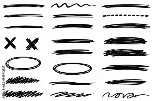  Hand Drawn Marker Pen Underline and Strike through Scribbles Set, Black Ink Doodle Lines on White Background