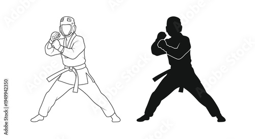 A stark illustration depicts a karate practitioner in fighting stance shown both in outline and silhouette forms high quality