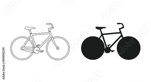A minimalist depiction showcases two bicycle illustrations one in a light outline and the other as a solid black silhouette