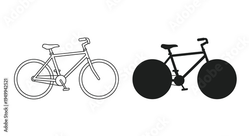 A minimalist depiction of a classic bicycle is shown in both line art and solid black silhouette styles