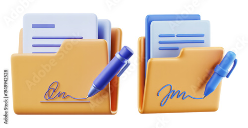 Stylish 3D Folder with Signed Papers and Pen Icons for Business Use
