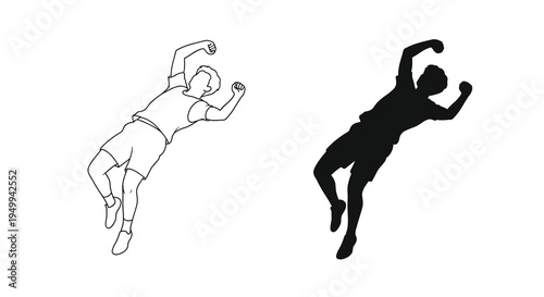 A black and white illustration depicts two figures in a dynamic pose appearing to leap or fall showcasing contrasting outlines