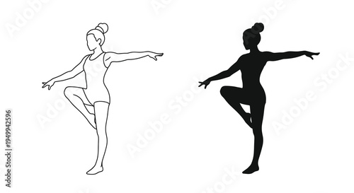 A minimalist depiction showcases a woman in a dynamic pose presented in both a line drawing and a contrasting silhouette