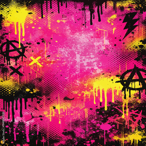 Print  Neon Punk Graffiti Spray Paint Background, Pink Yellow Distressed Urban Street Art with Halftone Effect