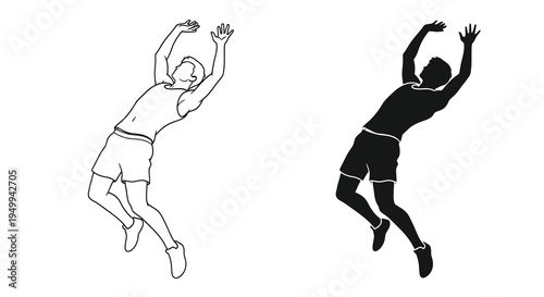 A striking black and white illustration depicts a man in mid air arms raised shown in both positive and negative forms
