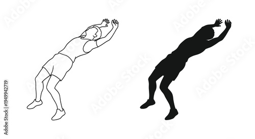 A minimalist illustration depicts a figure in a dynamic pose shown both as a line drawing and a solid silhouette