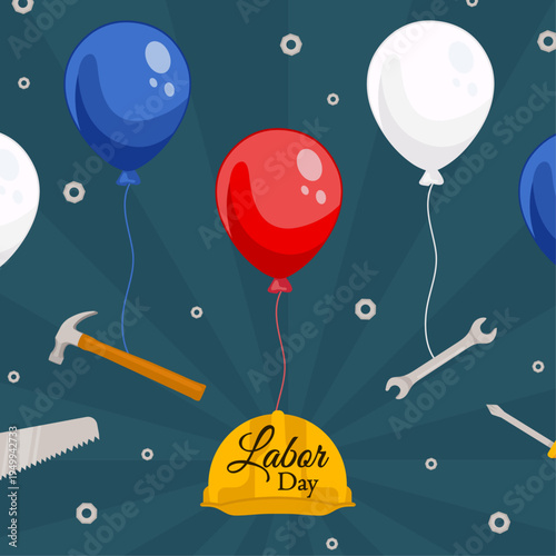 Labor Day celebration background with balloons lifting construction tools and hard hat