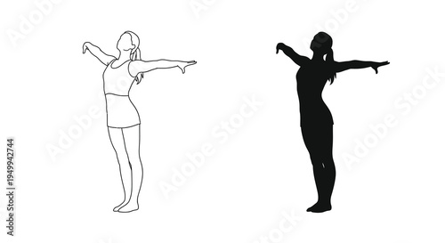 A woman depicted in both a light outline and a solid black silhouette arms outstretched in a graceful pose