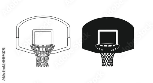 A minimalist depiction showcases two basketball hoops one in white outline and the other in solid black side by side