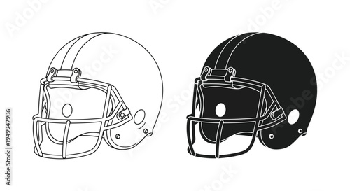 A black and white illustration depicts two american football helmets one light and one dark side by side high quality professional detailed modern