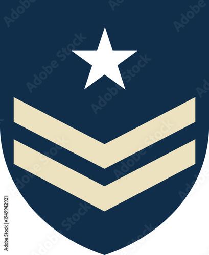 Dark blue shield with white star and beige chevron stripes emblem insignia military rank