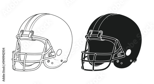 A black and white line drawing depicts two american football helmets one light and one dark side by side
