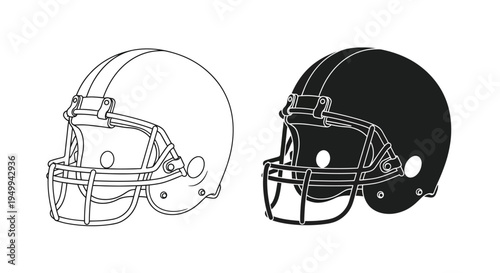 A detailed illustration displays two american football helmets one in outline and the other as a solid black shape